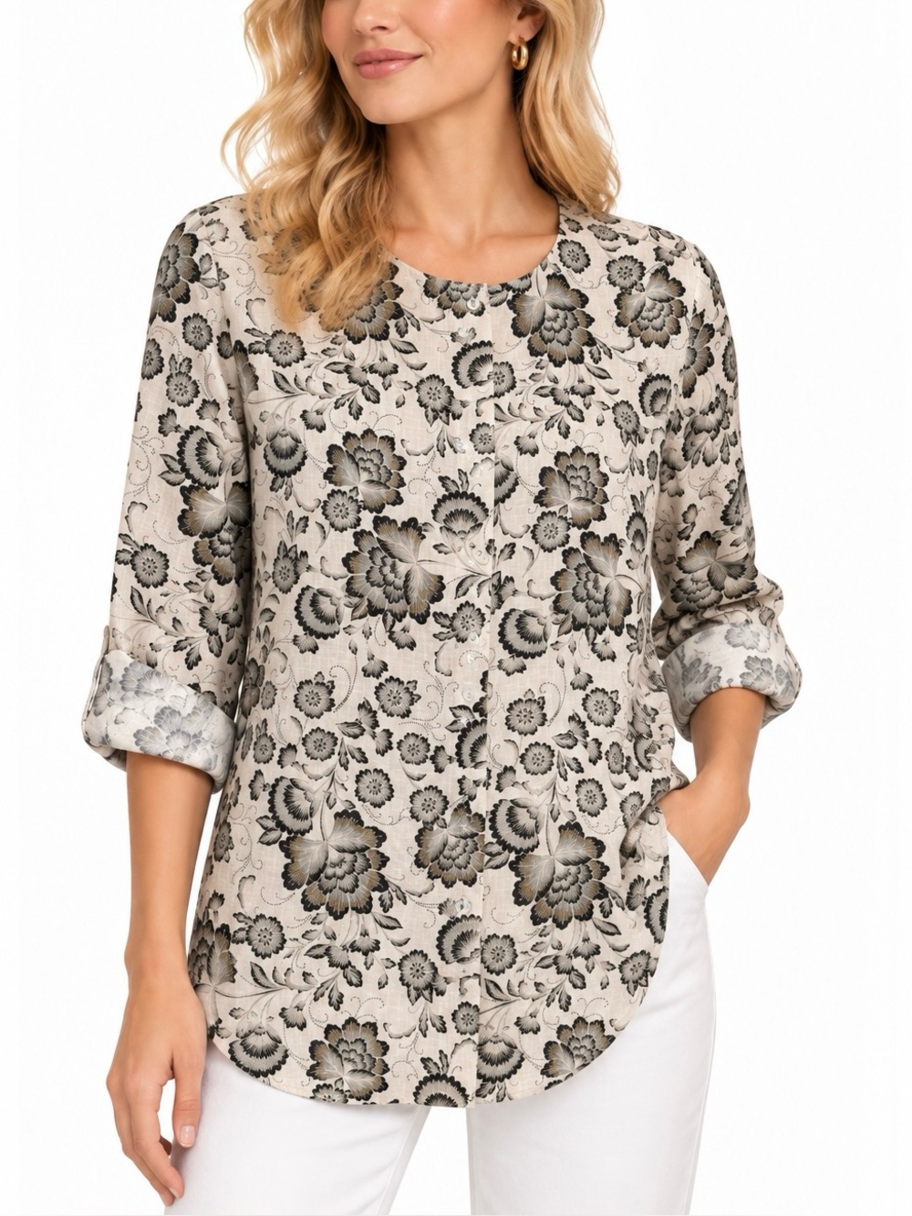 Tahari 100% Linen Floral Print Tunic Blouse Button Up 1X Coastal Roll Tab Sleeve